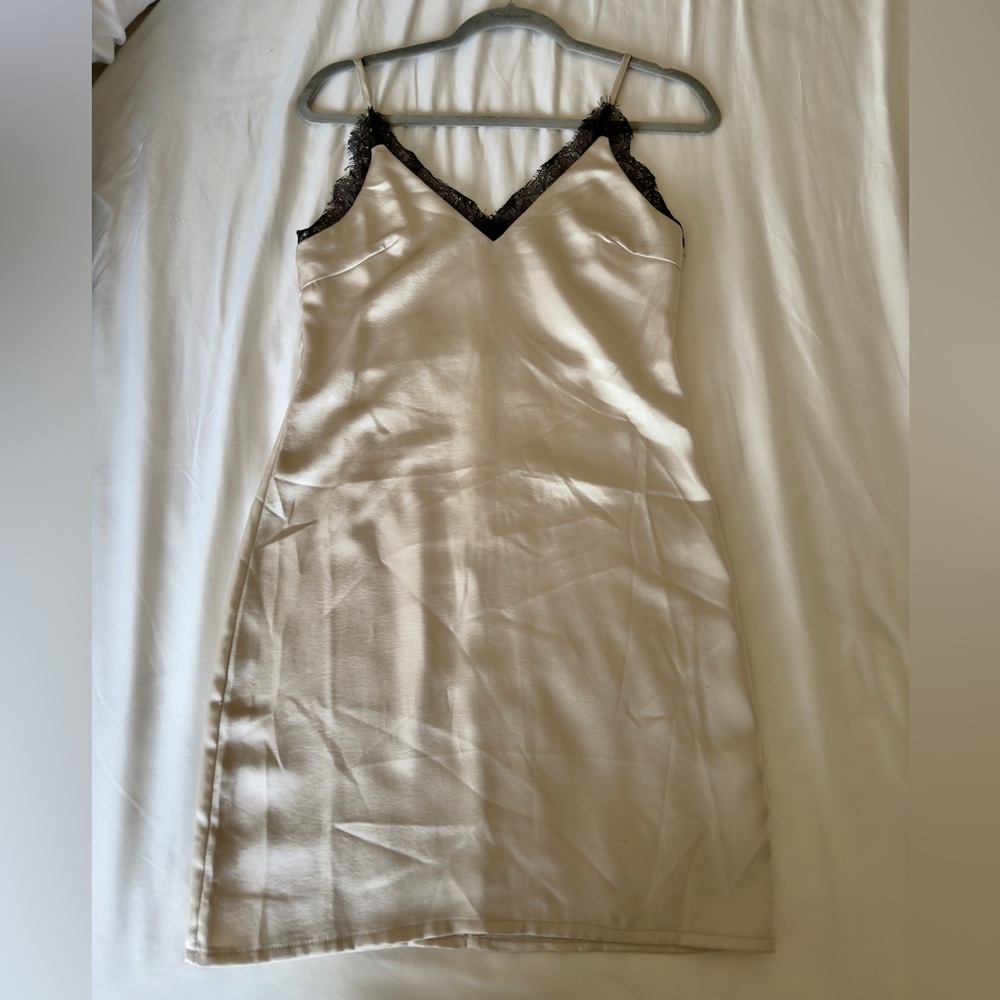 Cream/Champagne Slip Dress with Black Lace Accents -XS